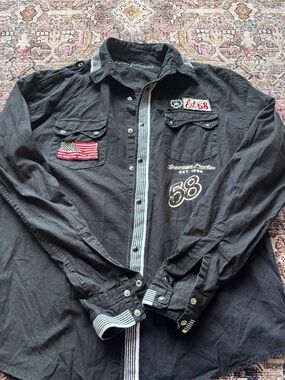 Christian Audigier Pearl Racer Garage Parts Button Front Shirt Black Size L